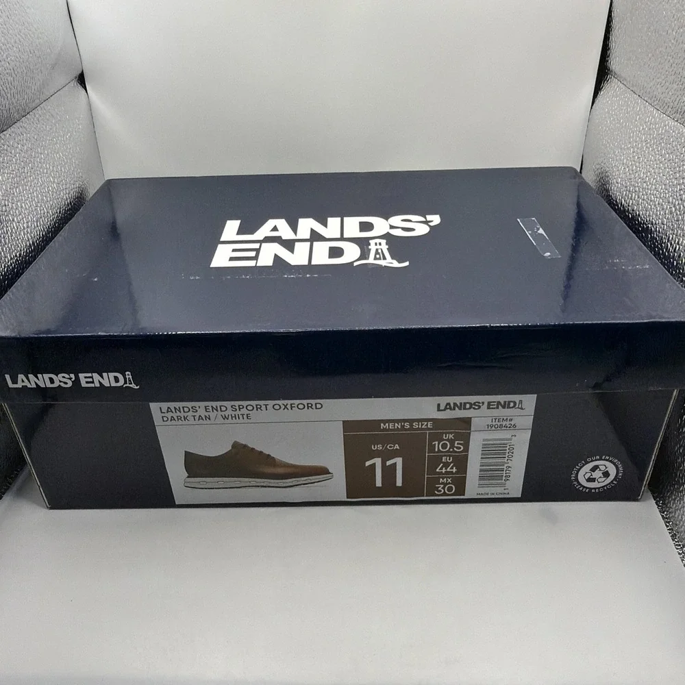 Lands End Sport Oxford Dark‎ Tan And White. Size 11